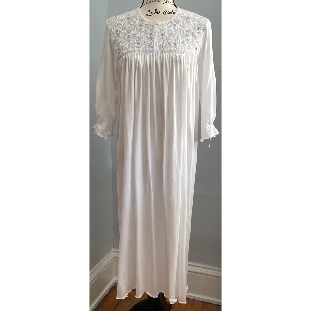 Schweitzer Linen Nightgown XL Long Hand Smocked White Embroidered Pima Cotton